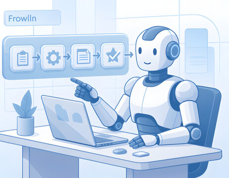Friendly robot assistant working on a laptop computer with process workflow icons in a modern office