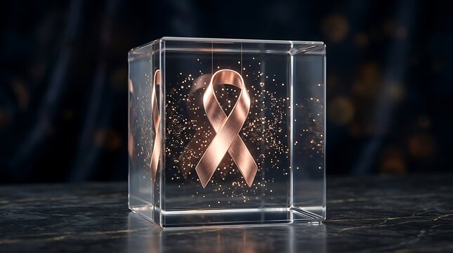 Metallic copper awareness ribbon suspended inside a clear glass cube, floating golden particles, dark reflective surface, dramatic lighting