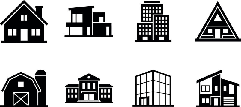 Collection of black silhouette building icons representing various architectural styles and home types