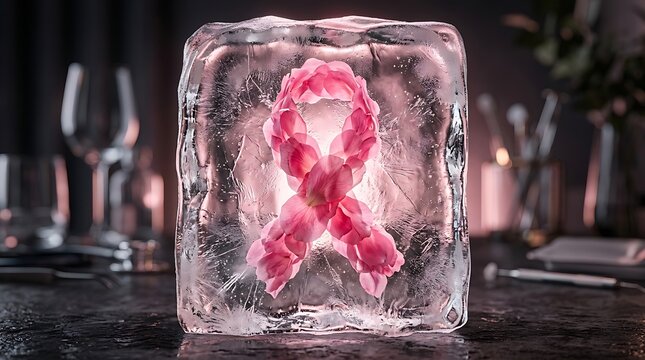 Bright pink awareness ribbon frozen inside a clear ice cube on a dark wooden table, dramatic lighting, close-up
