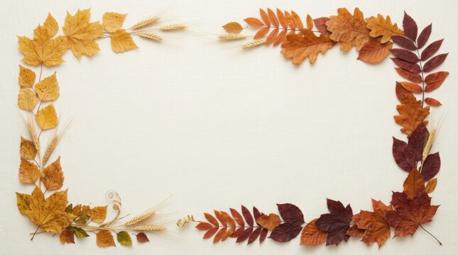 Autumn leaf frame and border with wheat on white background
