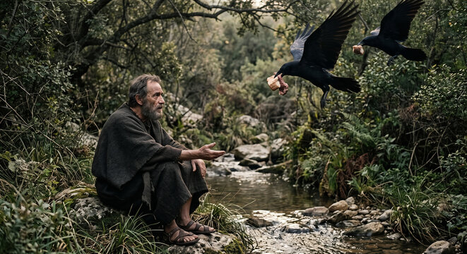 Elijah Fed by Ravens Beside the Brook Cherith During a Time of Famine, 1 Kings 17 Biblical Story