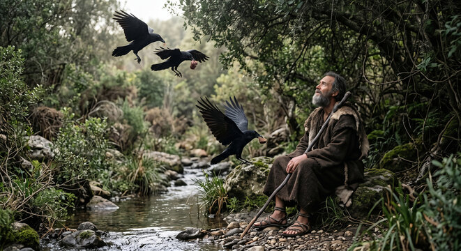 Elijah Fed by Ravens Beside the Brook Cherith During a Time of Famine, 1 Kings 17 Biblical Story