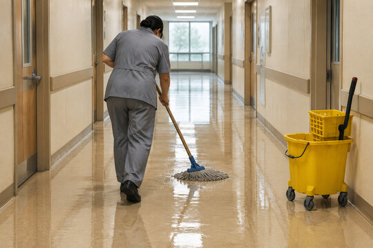 Worker mopping wet linoleum hallway with yellow bucket, cleaning and maintenance concept