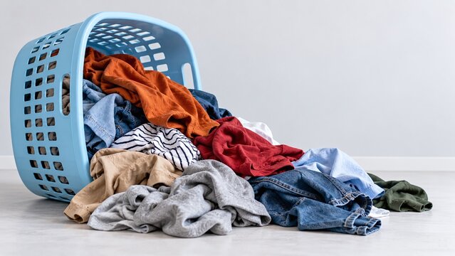 Overturned blue laundry basket spilling a colorful pile of dirty clothes and garments onto the clean floor at home