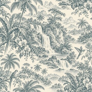 Serene Tropical Landscape with Waterfalls and Flora