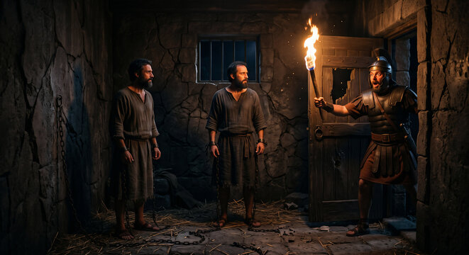 Paul and Silas Praying in Prison as an Earthquake Opens the Doors and Loosens Their Chains, Acts 16 Biblical Story