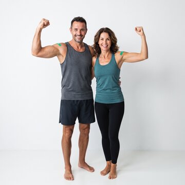 Fit multicultural adult man and woman with medical plaster on arm flexing bicep muscles