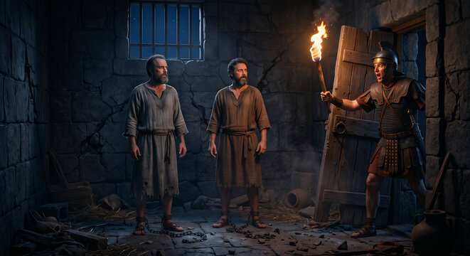 Paul and Silas Praying in Prison as an Earthquake Opens the Doors and Loosens Their Chains, Acts 16 Biblical Story