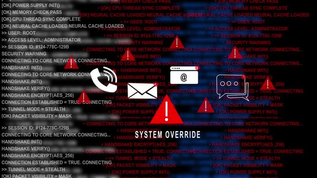 Cyber security system override alert with digital warning and data breach code background, hacking digital threat