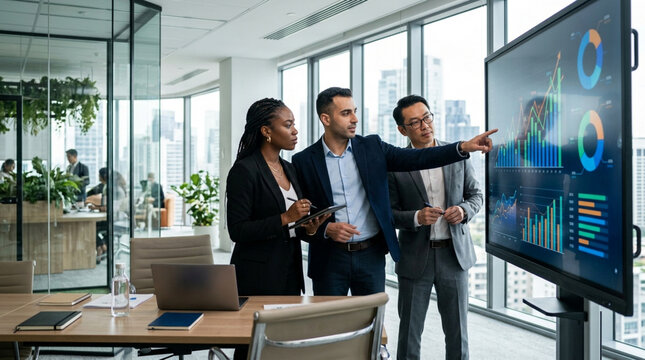 Diverse business team analyzing financial data on a large monitor in modern office