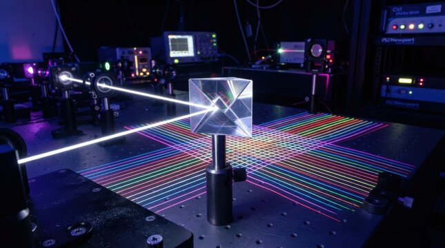 Stunning high-tech optical experiment featuring laser diffraction through a prism in a professional lab setting ideal for science, education, and technology marketing materials.