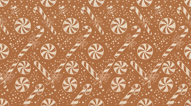 Candy cane and peppermint pattern on brown background