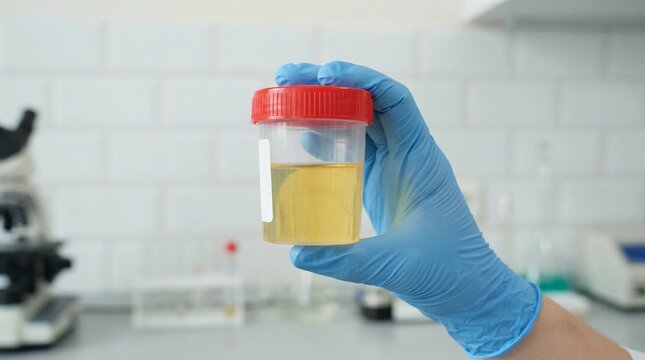 Medical professional wearing blue protective latex gloves holds a clear plastic specimen container filled with yellow urine for clinical analysis inside a bright modern laboratory setting