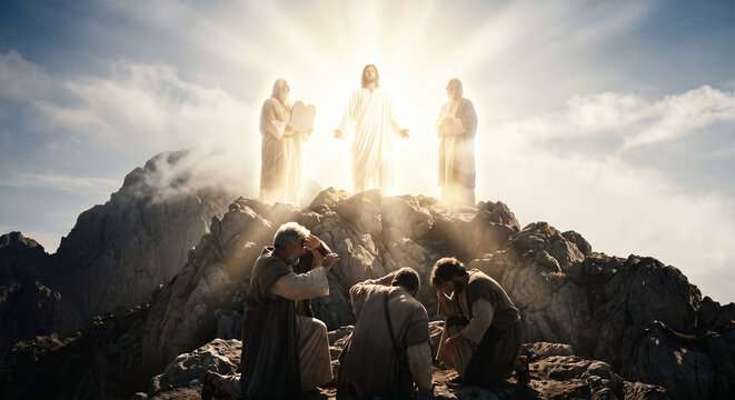 The Transfiguration of Jesus on a Mountain With Moses and Elijah Appearing Beside Him, Biblical Gospel Story