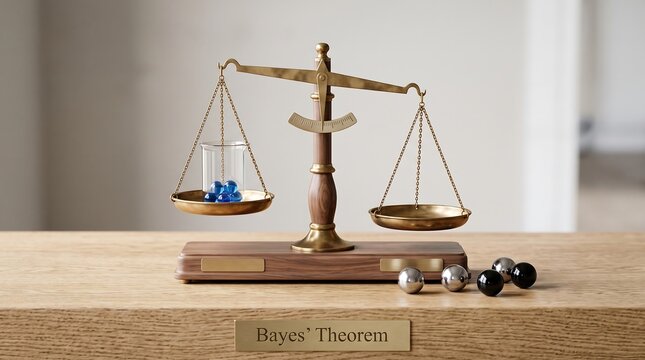 Wooden balance scale demonstrating statistical equilibrium with blue and black weights on marble surface
