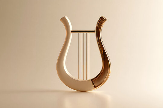 3D render of elegant gold and wood Greek lyre icon, luxury classical music harp object