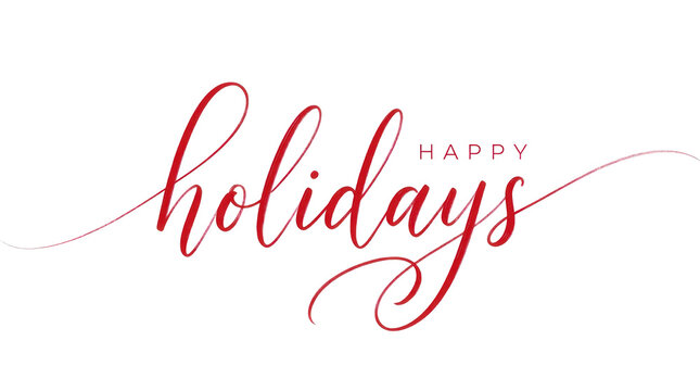 Happy Holidays red script calligraphy, elegant winter holiday greeting text, minimalist festive typography for seasonal cards and marketing isolated PNG with Transparent Background