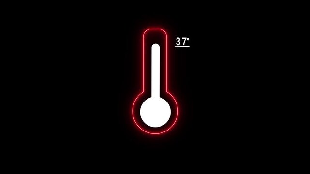 Digital thermometer with 37 degrees celsius reading, glowing red neon outline, medical fever check and health monitoring concept, minimalist ui on black background