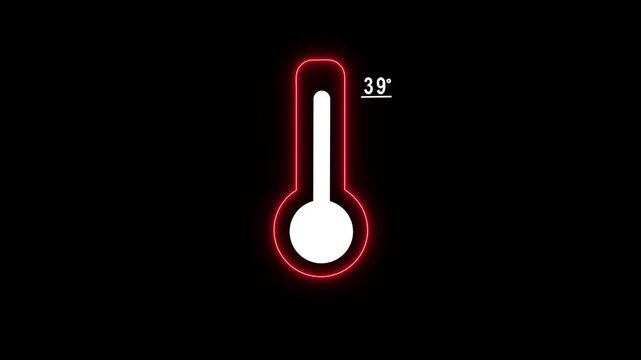Digital thermometer with glowing red neon outline showing 39 degrees celsius temperature alert fever