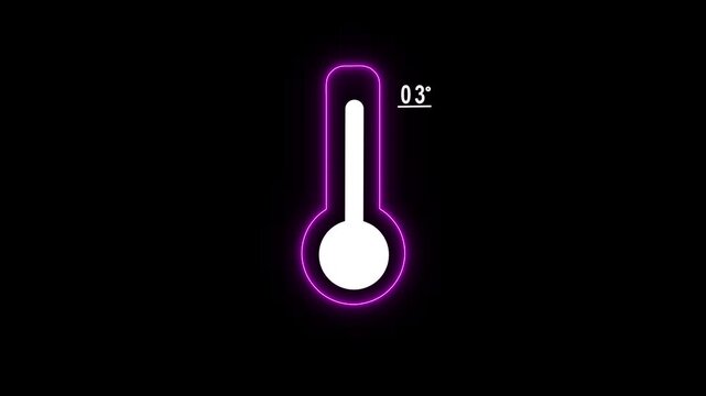 Neon purple thermometer with digital temperature display on black background, for weather and, climate data visualization