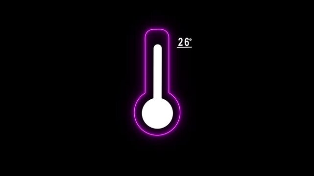 Neon thermometer animation showing 26 degrees celsius temperature indicator on black background weather