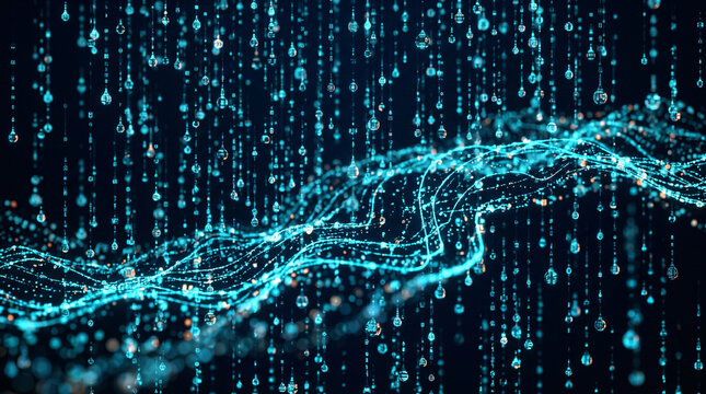 Flowing digital wave through a field of falling data particles