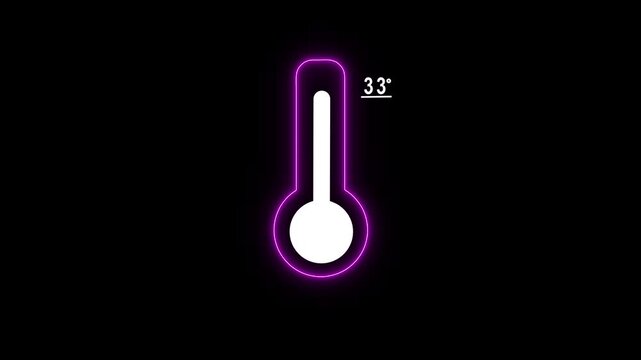Neon thermometer with 33 degrees temperature display, minimalist digital weather for climate and heatwave data visualization