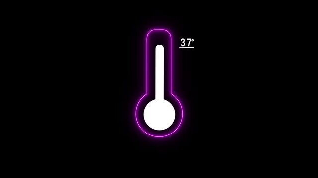 Neon thermometer animation showing 37 degrees celsius on black background, temperature fever