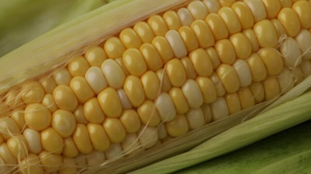 fresh corn cob close up in husk background harvest zoom