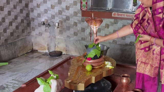 Hindu Woman Worshipping Shiva Lingam With Bilva Leaves and Flowers
