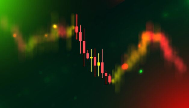 Financial stock market trading chart with glowing particles and candlestick bars indicating market volatility and economic data trends