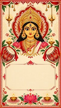 durga puja invitation card with goddess illustration, dhol drums, lotus flowers, and diya lamps on cream background