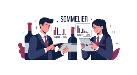 Obraz premium Professional Sommeliers Analyzing Wine Data on Digital Tablets Illustration