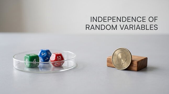 Educational demonstration of random variable independence using dice and coin on clear surface