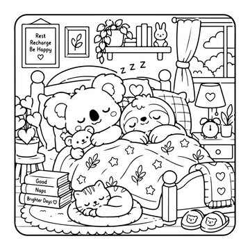 Koala and Loris Sleep Comfy days cute and comfy cozy coloring pages