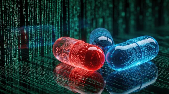 Red and blue pills with circuit patterns float on binary code background. Digital decision or choice between two paths. Future tech selection.