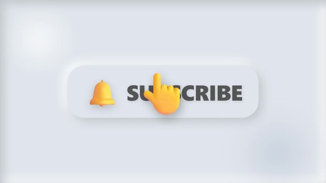 Yellow hand clicking subscribe button with bell icon on white background