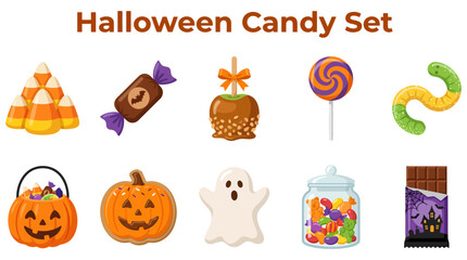 Fototapeta premium Set of various Halloween themed candies and sweets icons.