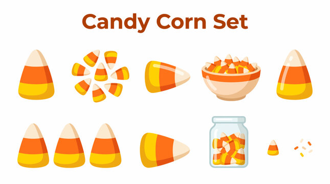 Set of various candy corn illustrations for Halloween holiday celebration.