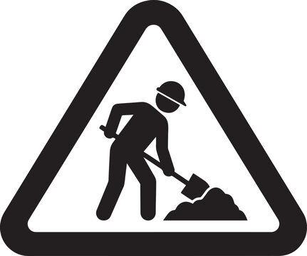 Road work sign with construction worker holding shovel for traffic safety.
