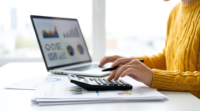 Person using a calculator and laptop for financial analysis in a bright office