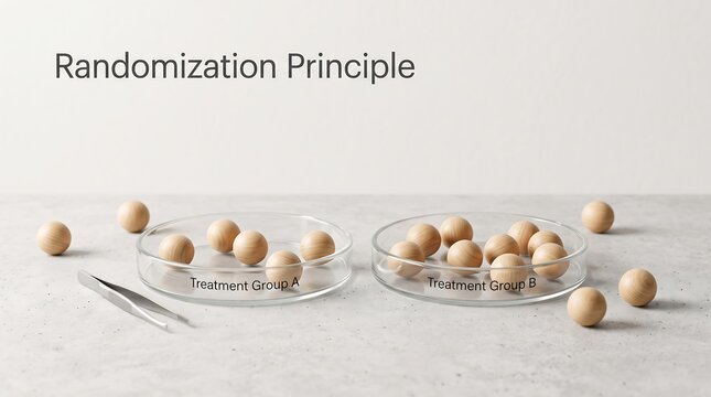 Petri dishes with marbles demonstrating randomization principle in scientific research