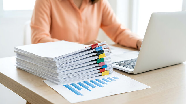 Professional woman working with a stack of documents and laptop on desk