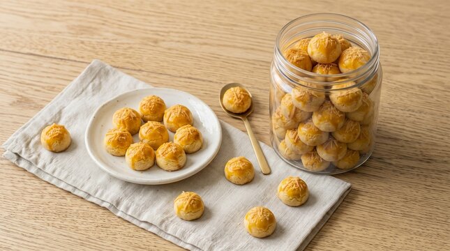 High angle view of delicious cheese kue nastar or pineapple tart cookies with grated cheese topping in a glass jar and on a small plate with a spoon on a linen napkin and wooden table.