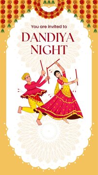 Navratri Yellow and Red Illustrated Dandiya Night Greeting Video Story