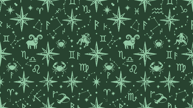 Zodiac themed decorative pattern with stars zodiac signs and beasts