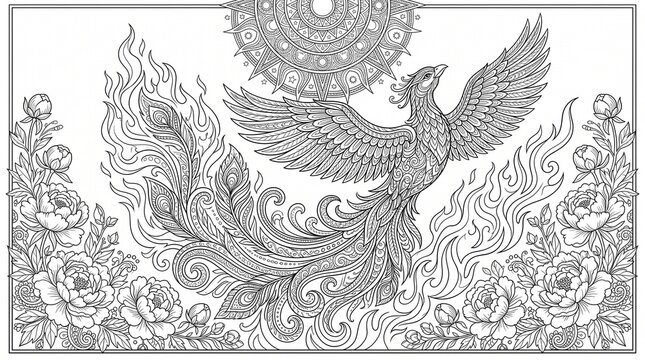 Soaring mythical phoenix firebird with radiant sun mandala and blooming peonies adult coloring page