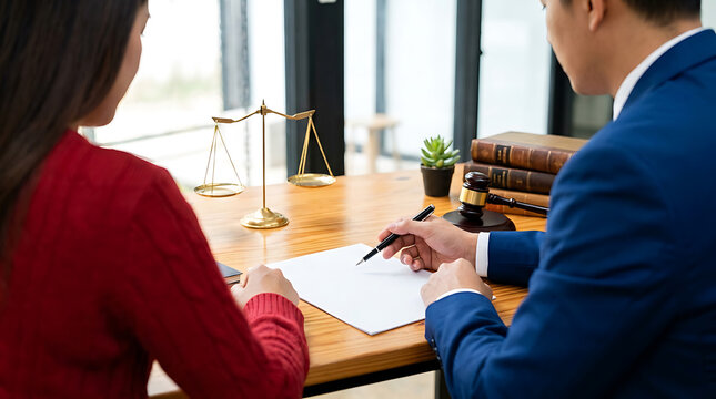 Lawyer in a suit consulting with a client over legal documents in an office