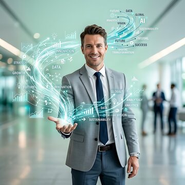 Businessman presenting digital data visualization in a modern office hallway